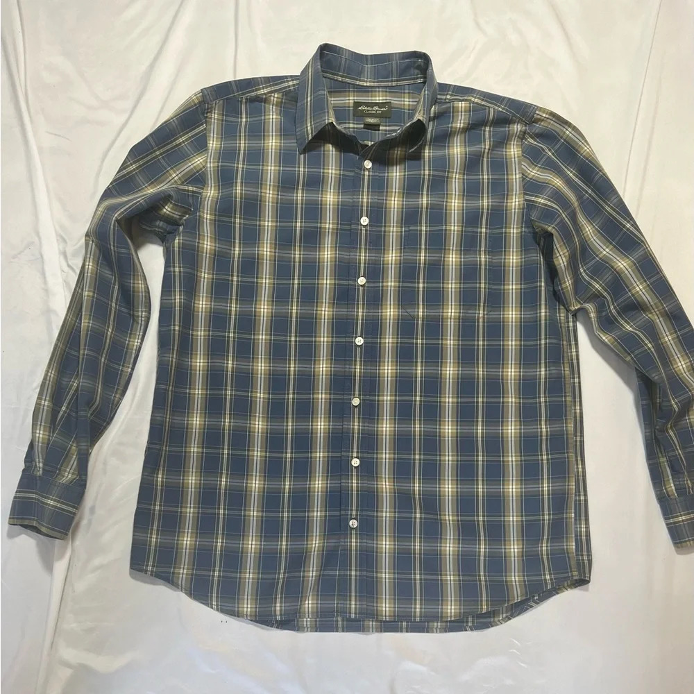 Eddie Bauer 100% Cotton Classic Fit Plaid Shirt Men’s Size L Tall Blue